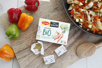 Maggi has broken new ground by becoming the first major brand to use recyclable paper packaging to wrap individual bouillon cubes for its organic range in Franc